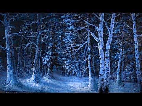 Видео: Зимний лес ночью — демонстрация пейзажной живописи