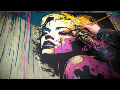 Видео: Как нарисовать портрет Мэрилин Монро в стиле поп-арт/абстракция с помощью трафарета