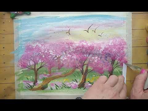 Видео: Цветущий сад // Рисуем весенний пейзаж.