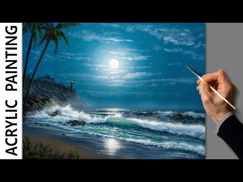 Видео: Acrylic Landscape Painting - Full Moon Sea / Relaxing Art / Морской пейзаж. Уроки рисования Живопись