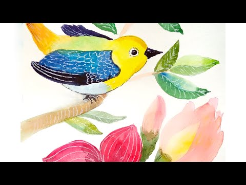 Видео: How To Paint a Bird and flowers / Spring / Watercolor / Рисуем птичку на ветке с цветами / Акварель