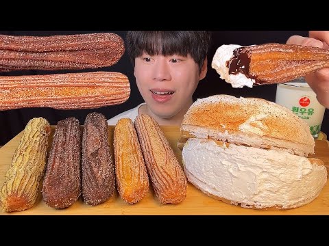 Видео: SUB) Гигантские чуррос и вафли со взбитыми сливками мукбанг asmr (корейский десерт мукбанг)