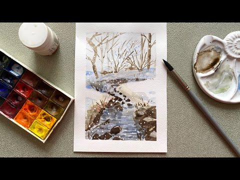 Видео: Просто рисую пейзаж с рекой снегом и деревьями