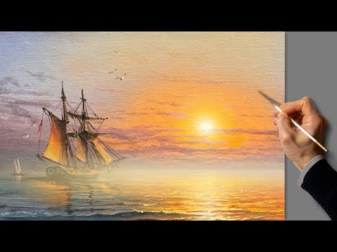 Видео: Морской пейзаж - Рассвет. Живопись акрилом. Уроки рисования. Искусство. Красивая картина. Хобби