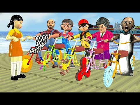 Видео: Scary Teacher 3D против игры Squid Супергерои едут на мотоцикле Трюки Смешные моменты?