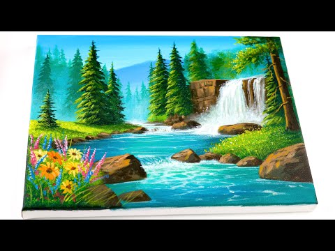 Видео: Акриловая Живопись | Пейзаж с Водопадом | Урок Рисования