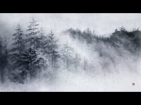 Видео: Картина тушью, пейзаж "туманная гора" суми-э
