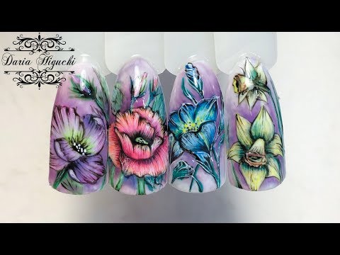 Видео: Живописные Цветы!!! Акварель Гель Лаками!!!Дизайн Ногтей!!!
