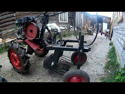 Видео: Картофелекопалка со встроенным ходоуменьшителем для мотоблока ОКА.Понижаем скорость в 2 раза.