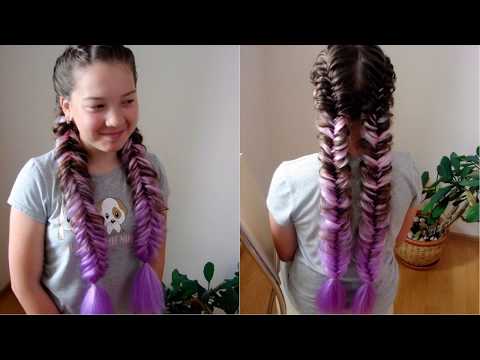 Видео: Рыбий хвост с канекалоном. Цветные косы. Видео-урок