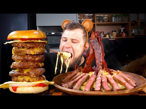 Видео: MEGA BURGER TOWER, CREAMY SPAGHETTI WITH STEAK, ASMR MUKBANG, АСМР МУКБАНГ, 먹방, 大食い, たべる, 谢尔盖