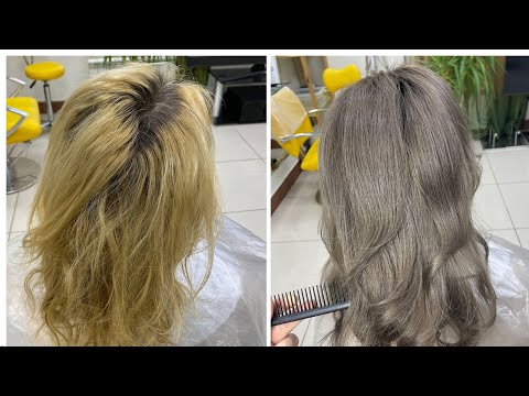 Видео: Пепельный русый из желтых волос. Как закрасить блонд в холодный оттенок - окрашивание Dim out