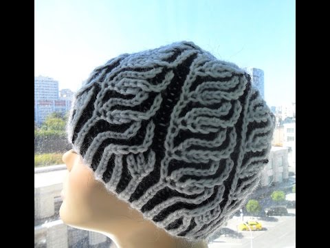 Видео: Шапка спицами" Бриошь" 2 часть( вяжем узор) brioche hat (Шапка #12)