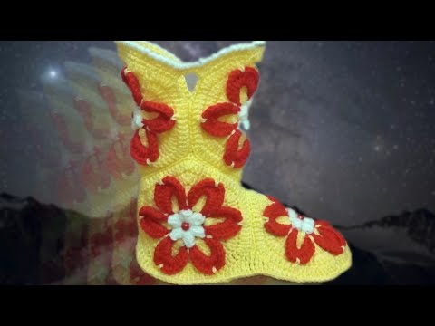 Видео: Тапочки сапожки крючком. Цветочный мотив How to crochet home slippers, boots. Мастер класс