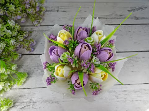 Видео: Собираем букеты из мыльных цветов на 8 марта. Тюльпаны из мыла. Букет из тюльпанов в стаканчике.