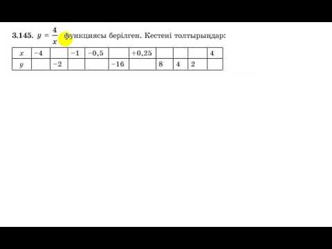 Видео: 7 сынып. Алгебра. 3.145 есеп. у=4/х функциясы берілген, кестенің бос орындарын толтыру.