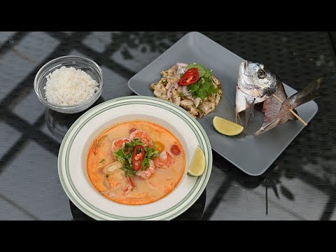 Видео: Том ям с креветками. Севиче из дорадо