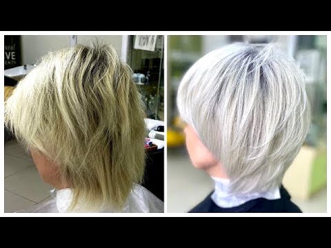 Видео: Белоснежный холодный блонд с затемнением корня в 8.1. Обратная растяжка цвета на коротких волосах
