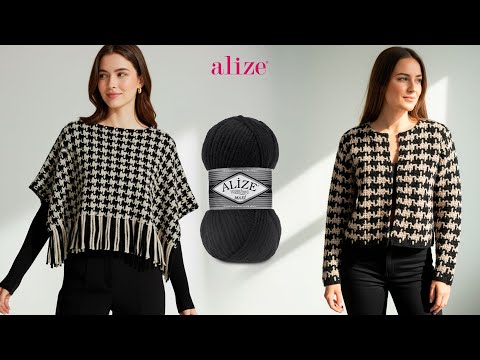 Видео: Вязаное крючком пончо с эффектом плетения из пряжи Alize Superlana Midi и Alize Superlana Maxi