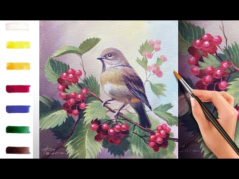 Видео: Воробей и ягоды. Как нарисовать птицу 🎨АКРИЛ! Мастер-класс ДЕМО