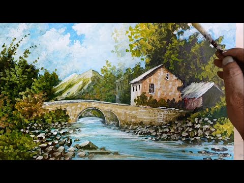 Видео: Как нарисовать деревья, дома и мост / Пейзаж акриловыми красками