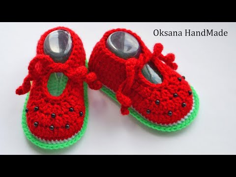 Видео: Пинетки Арбузики крючком. Видео и схема. Crocheted booties