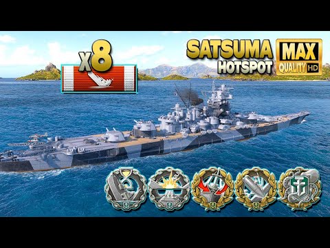 Видео: Battleship Satsuma: Полнометражный бой на карте Hotspot - World of Warships