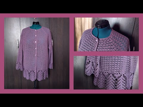 Видео: Кардиган крючком с ажурной каймой.Реглан сверху.Подробный МК.