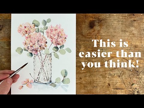 Видео: Рисуем стеклянную вазу с акварельными гортензиями и эвкалиптом