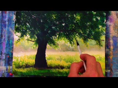 Видео: Солнечный дуб - Быстрая картина акрилом. Урок для начинающих с пояснениями художника в деревне.