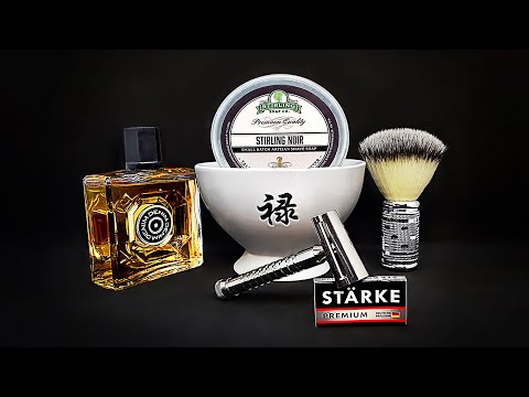 Видео: Бритьё, Wunderbar Slant Razor, Pearl Brush, Denim1976, Stirling Noir, STARKE PREMIUM