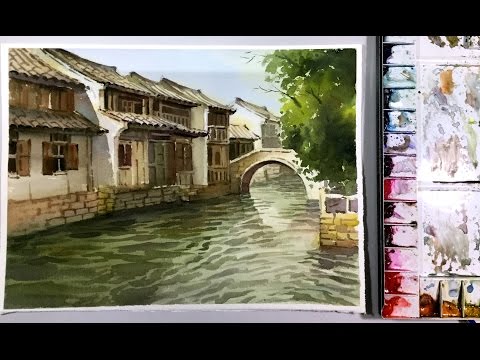 Видео: Акварельная пейзажная живопись: водный городок Чжоучжуан
