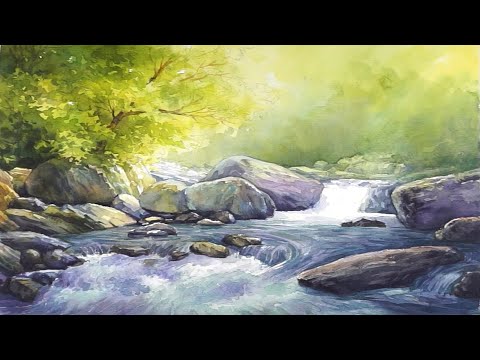 Видео: Акварельная пейзажная живопись - водопад лес