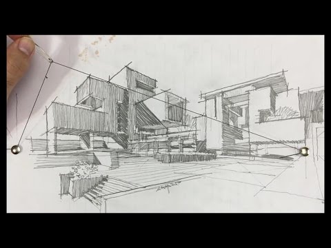 Видео: Архитектурный скетч с констрастом света и тени, таймлапс.