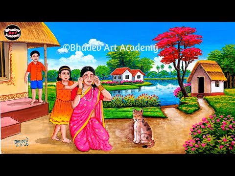 Видео: Красивый деревенский пейзаж | Картина с изображением индийской деревни, нарисованная акварелью Ea...