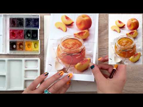 Видео: Как правильно нарисовать реалистичный персик и джем? Рисуем вкусный натюрморт акварельными красками
