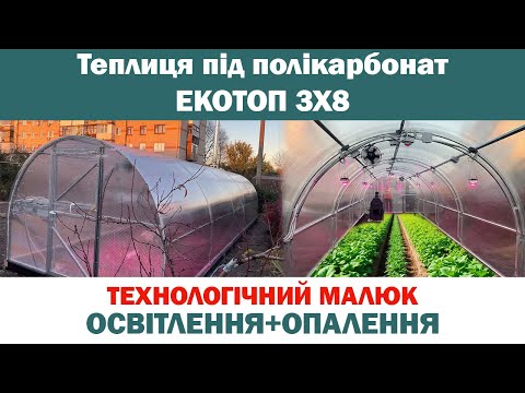 Видео: ТЕПЛИЦЯ під полікарбонат ЕКОТОП 3х8! Освітлення та опалення для теплиці