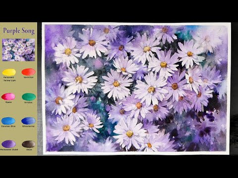 Видео: Цветочная акварель -  Фиолетовая песня  (эскиз и  смешение цветов)
