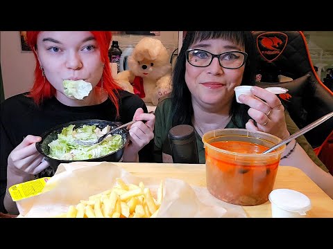 Видео: Мукбанг | Салат Цезарь, суп Солянка, картофель фри 🍟 | Обжор Асмр