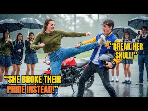 Видео: Хулиганы избивают новенькую в шлемах — через несколько секунд ее рефлексы сбивают их всех в грязь!