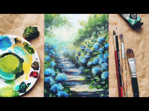 Видео: ТРОПА ГОРТЕНЗИЙ |Рисуем пошагово и просто красками💙🌱