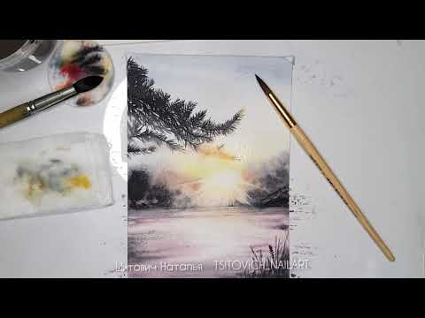 Видео: Акварельный пейзаж. Акварель. Рисунок. Закат.