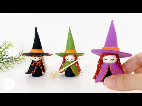 Видео: Как сделать куклу ведьму на Хэллоуин из фетра - пошагово | DIY Halloween Witch Peg Dolls [Felt]