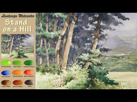 Видео: Пейзажная акварель - Стенд на холме. (wet-in-wet. Arches rough) NAMIL ART