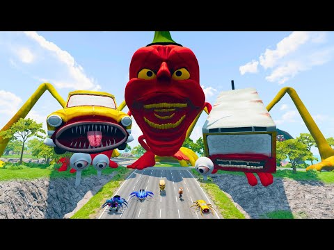Видео: ВСЕ МОНСТРЫ И МАШИНЫ Прыжок с трамплина с TRIPLE BUS EATER BeamNG Drive