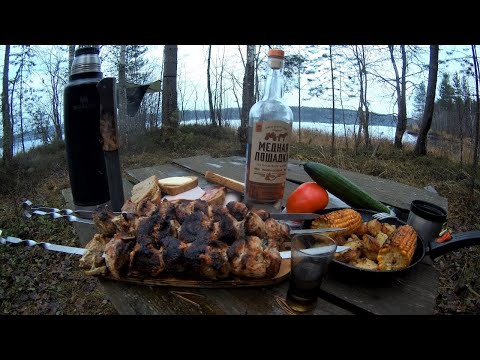 Видео: Поход в лес с ночёвкой у озера#Жарю шашлык и пачаток кукурузы#Выпивка#Отдых18+)