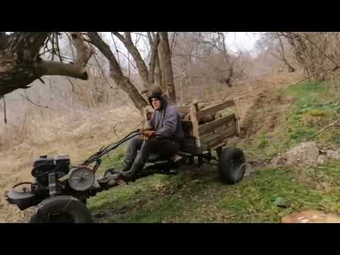 Видео: Мотоблок на заготовке дров / Бездорожье/ Въехали в дерево/ walk-behind tractor carries wood