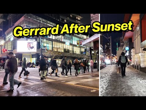 Видео: Центр города через улицу Джеррард после заката | Прогулка по Торонто (ноябрь 2025 г.)