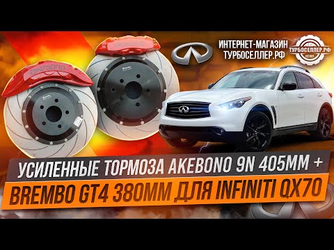 Видео: Усиленные тормоза Akebono 9n 405mm + GT4 380mm для Infiniti QX70