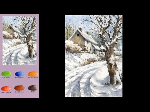 Видео: Зимний пейзаж, акварель - Заснеженная деревня (3x скорость, просмотр названий цветов)